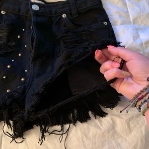 JG BY BM HIGH WAISTED RIPPED BLACK DENIM SHORTS